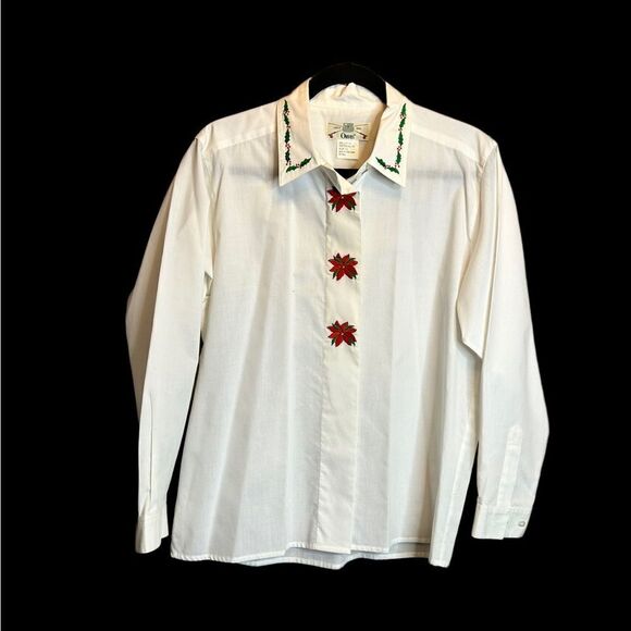 5 for $25🔥Size 12 Orvis Poinsettia Flower Long Sleeve White Button Down Shirt - Picture 1 of 6